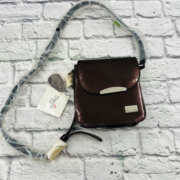Beijo Shiny Patent Faux Leather Crossbody Bag Purse Dark Brown Metallic - Picture 1 of 8